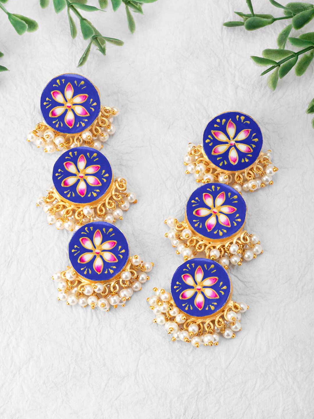 

Peora Blue & Gold-Plated Floral Pearl Beaded Meenakari Drop Earrings