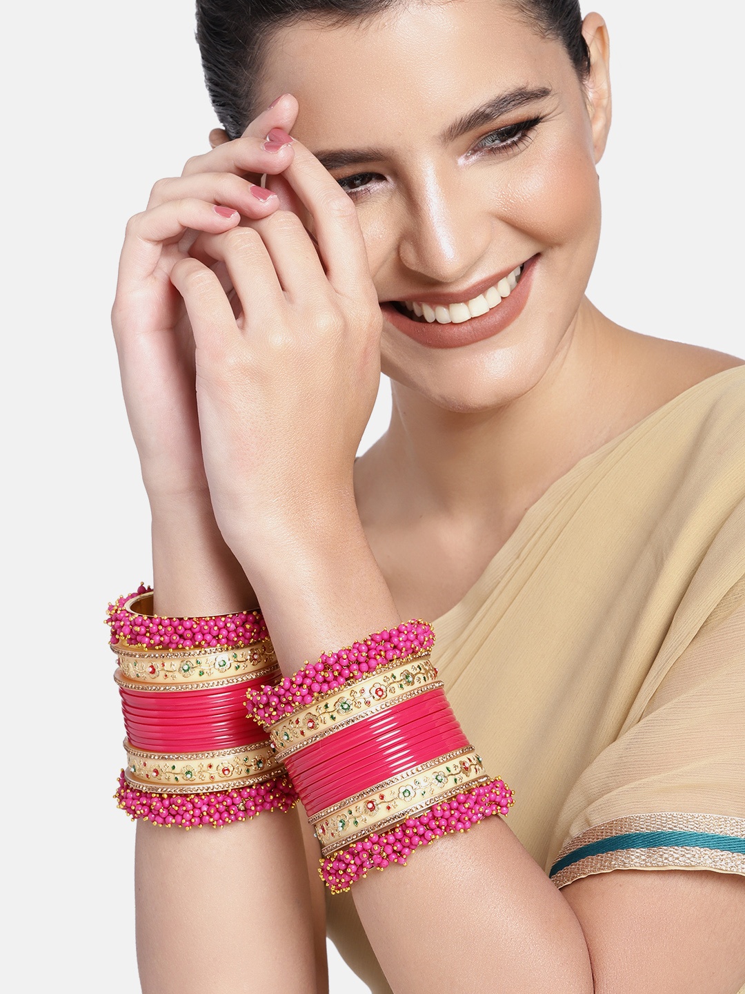 

Peora Pink & Red Gold-Plated Floral Pearl Studded Chura Chuda Bangle Set
