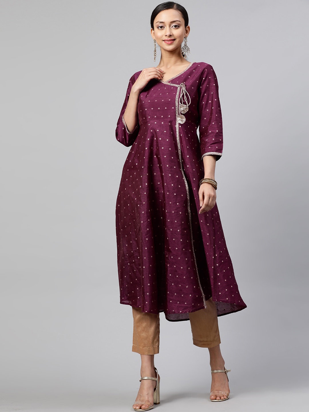 

STREET 9 Women Burgundy Geometric Jacquard Anarkali Kurta