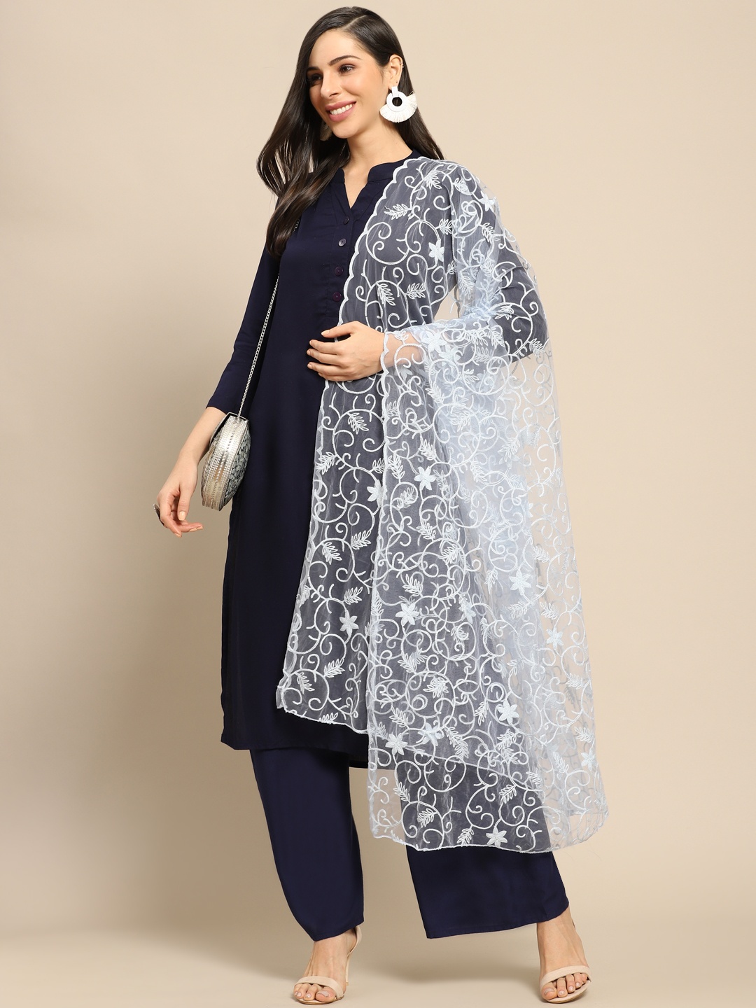 

Saadgi Blue Aari Embroidered Net Dupatta