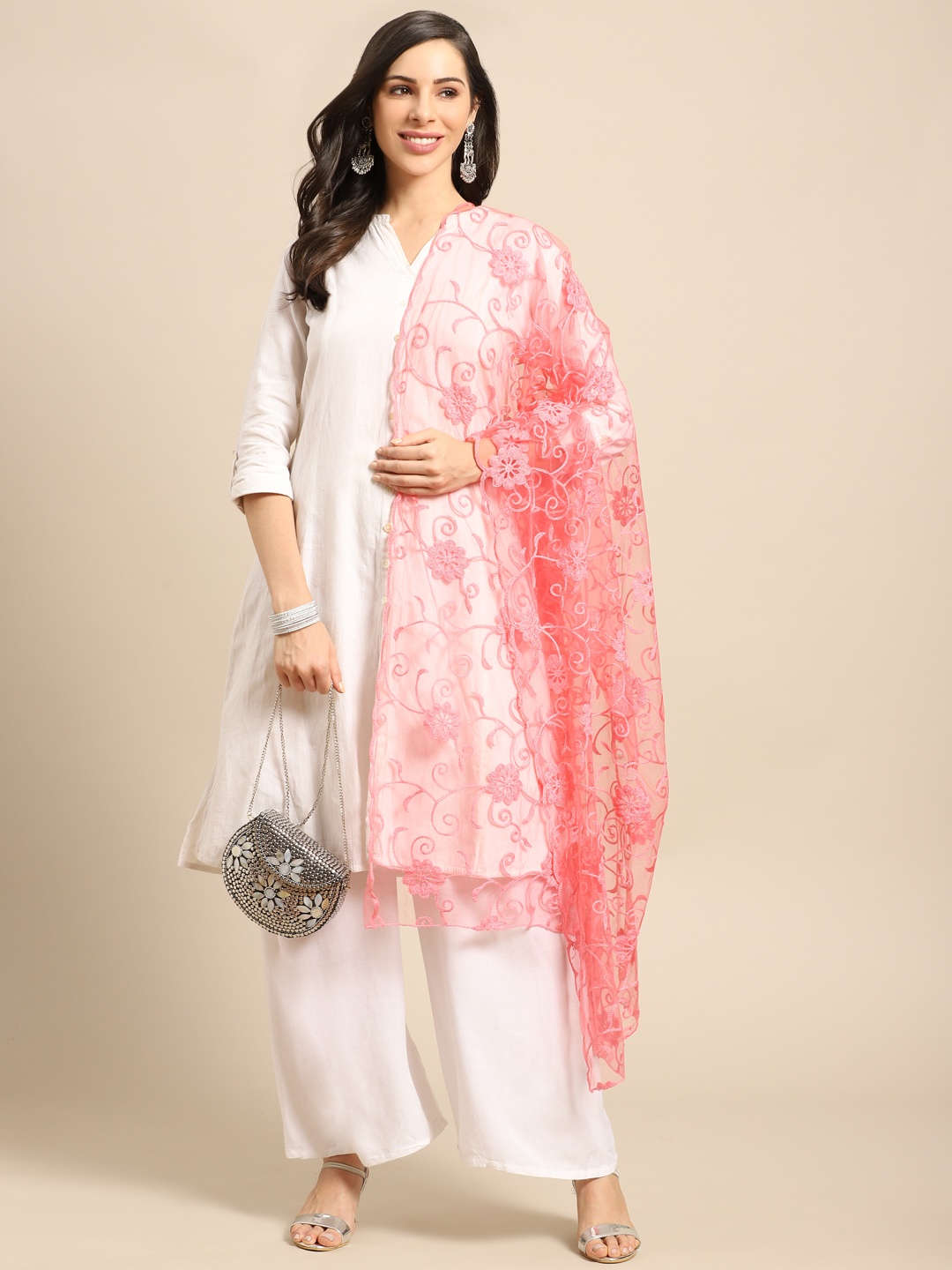 

Saadgi Pink Net Aari Embroidered Dupatta, Peach