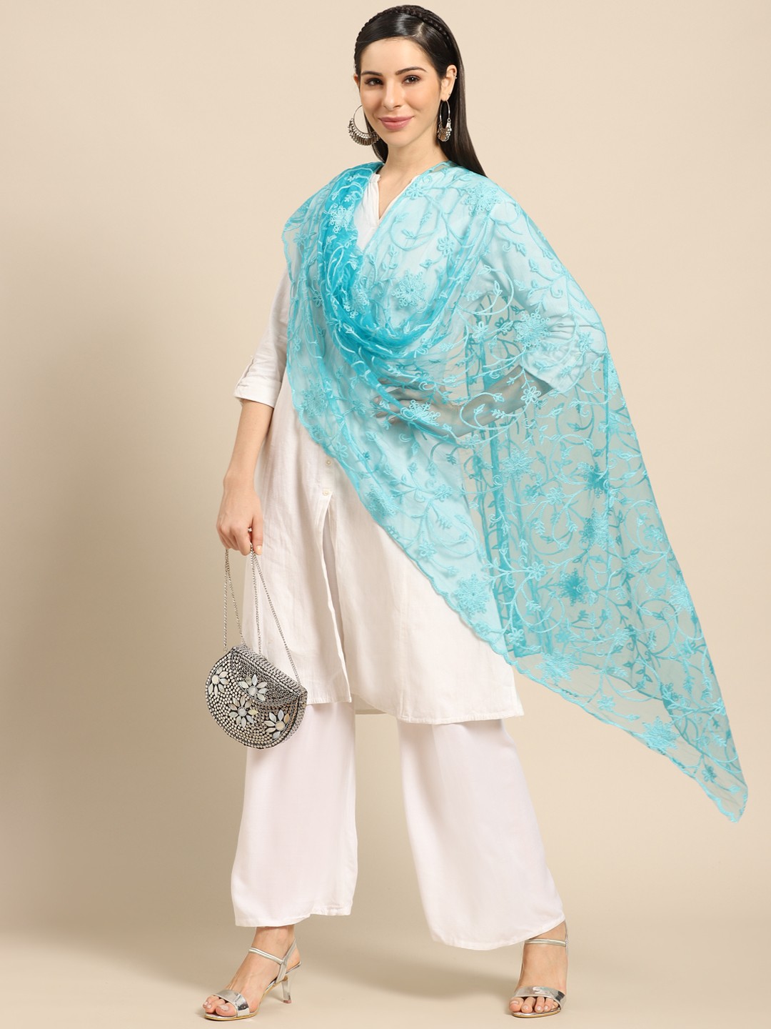 

Saadgi Blue Aari Embroidered Net Dupatta