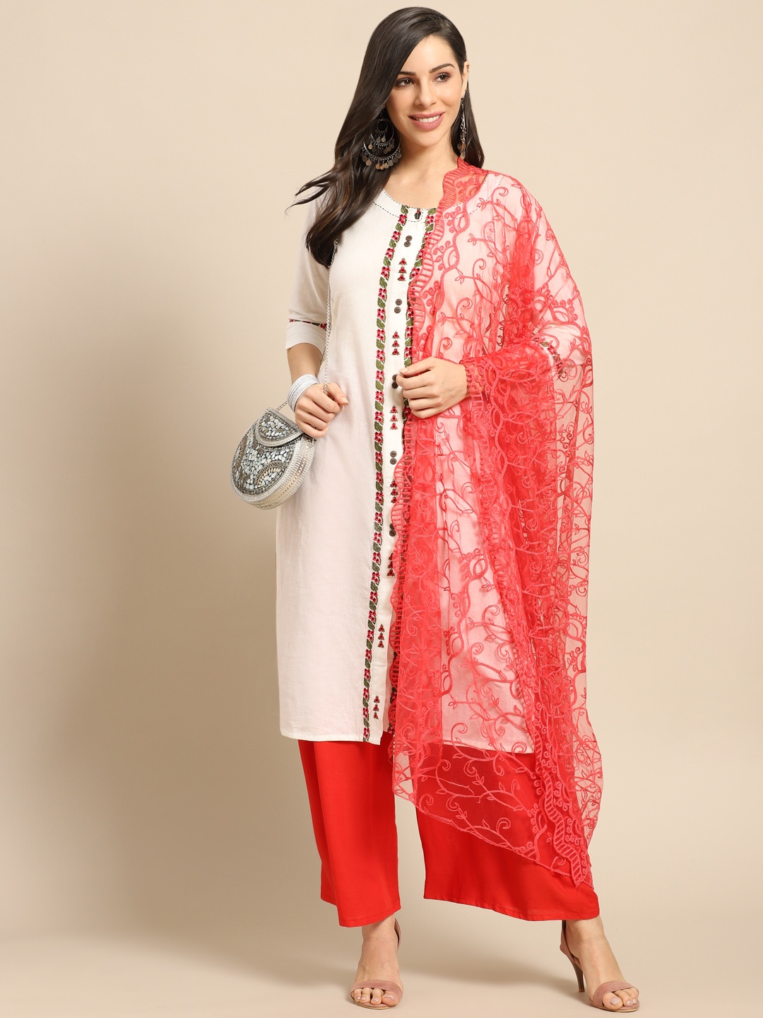 

Saadgi Coral Red Aari Embroidered Net Dupatta