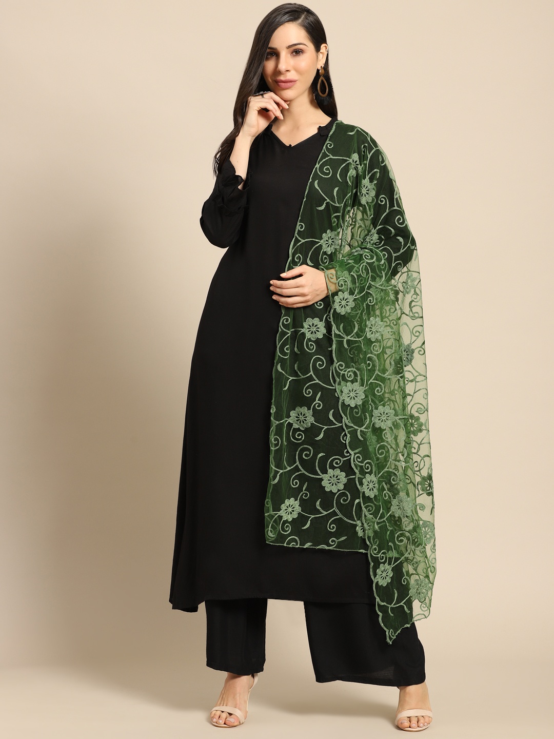 

Saadgi Olive Green Net Aari Embroidered Dupatta