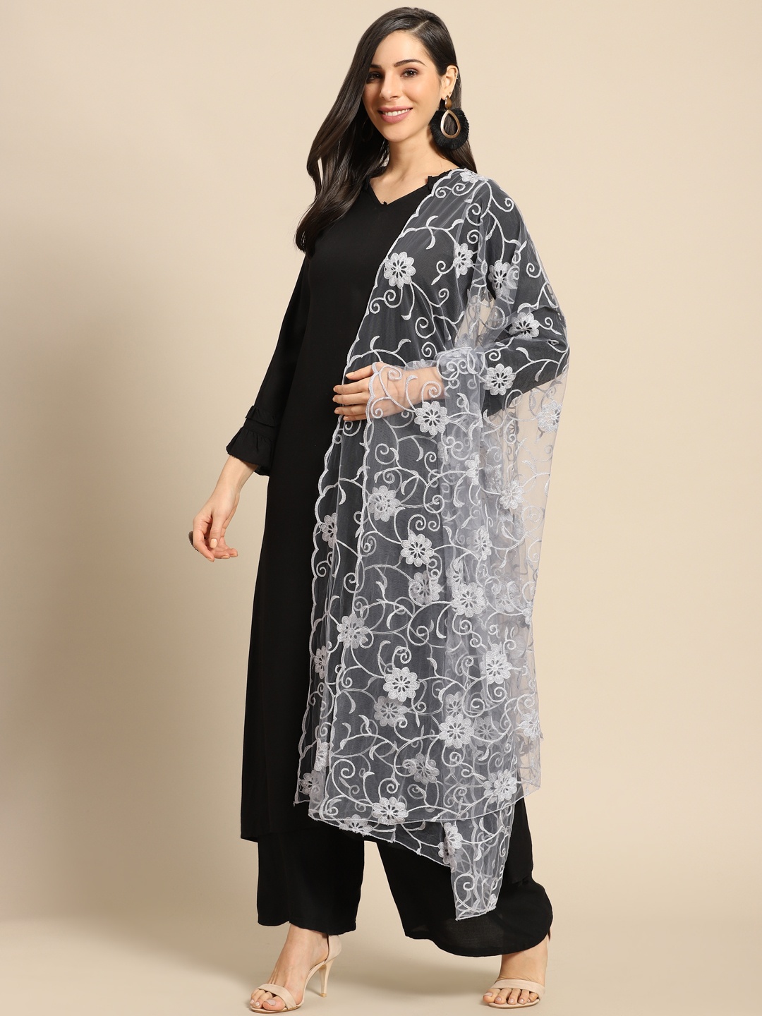

Saadgi Grey Net Aari Embroidered Dupatta