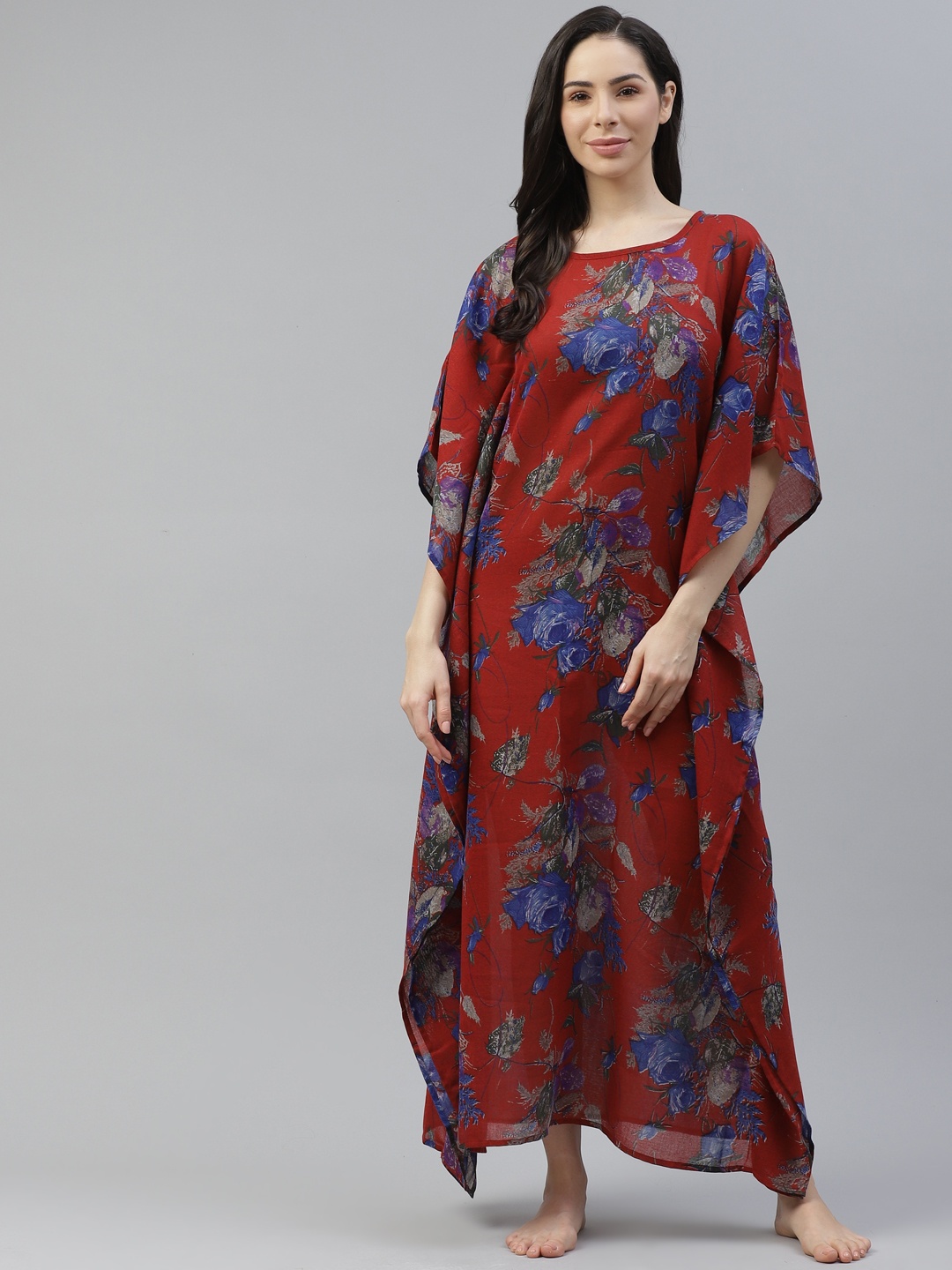 

Cottinfab Maroon & Blue Printed Kimono Maxi Nightdress