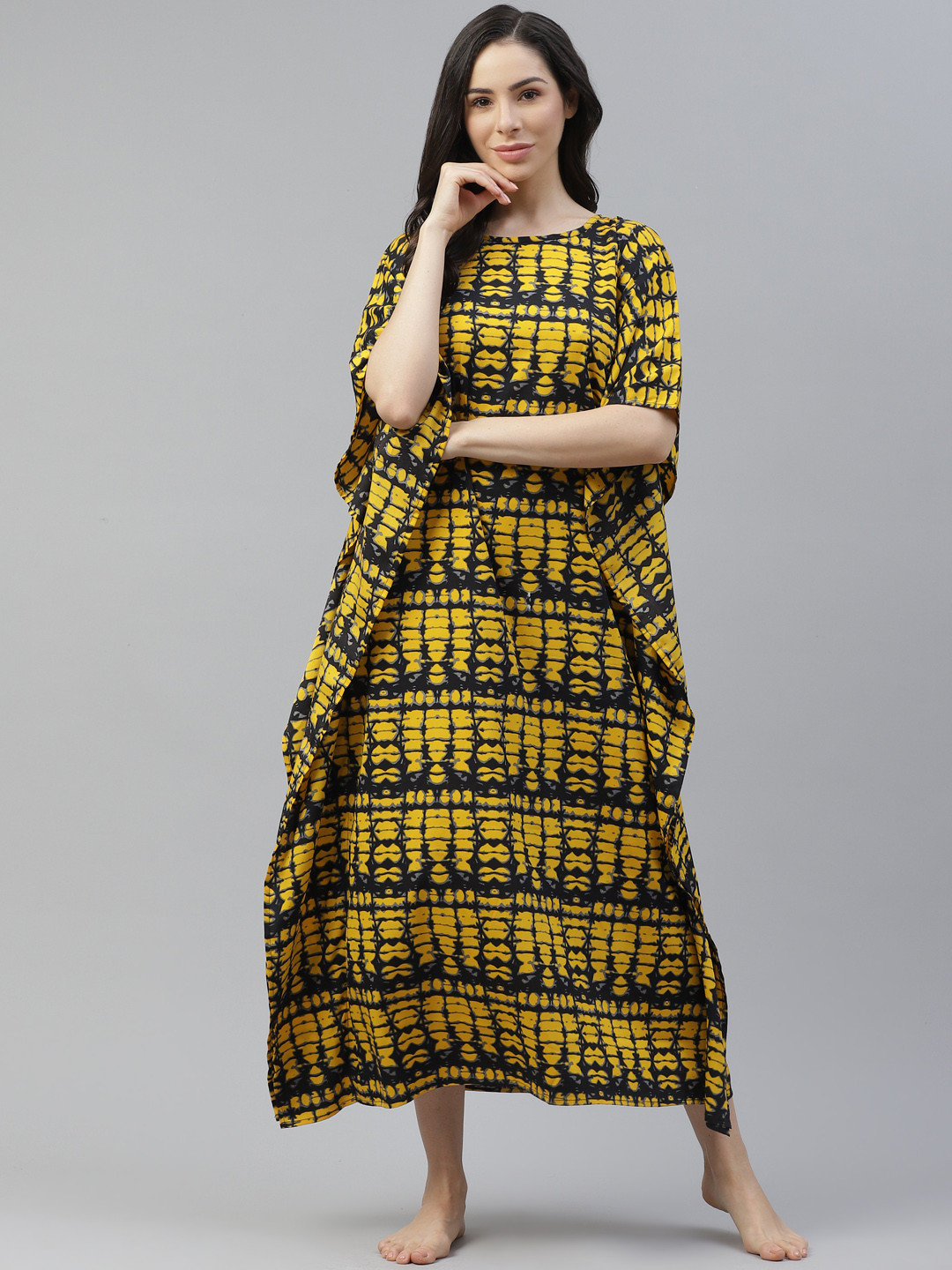 

Cottinfab Yellow & Black Printed Kimono Maxi Nightdress