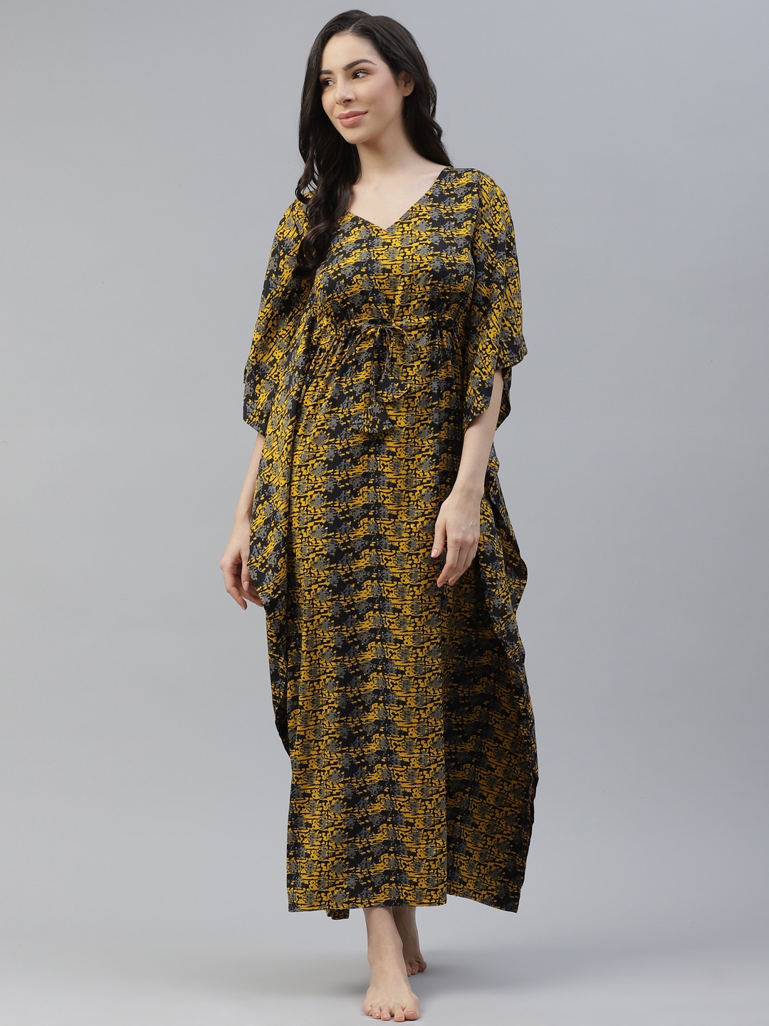 

Cottinfab Mustard Yellow & Black Printed Kaftan Maxi Nightdress