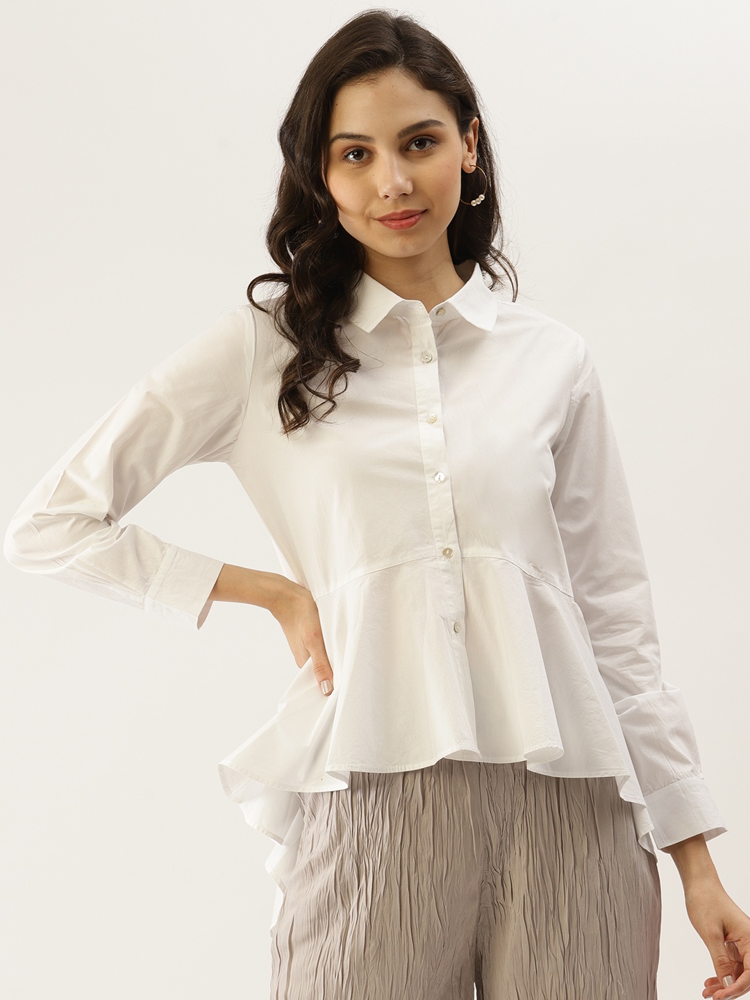 

Label Ritu Kumar White Solid Pure Cotton Shirt Style High Low Top