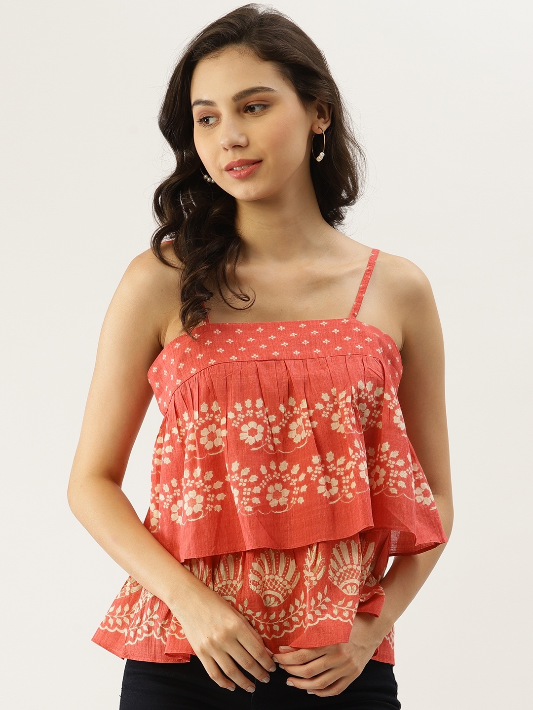 

Label Ritu Kumar Coral Orange & Cream-Coloured Cotton Floral Layered A-Line Top