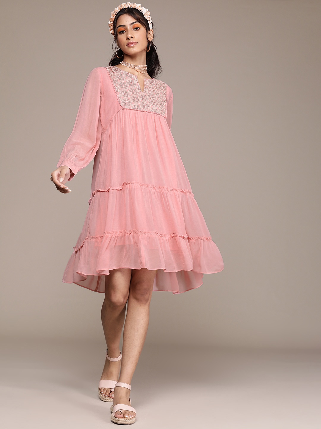 

Label Ritu Kumar Pink Ethnic Motifs Embroidered Tiered Gathered A-Line Dress