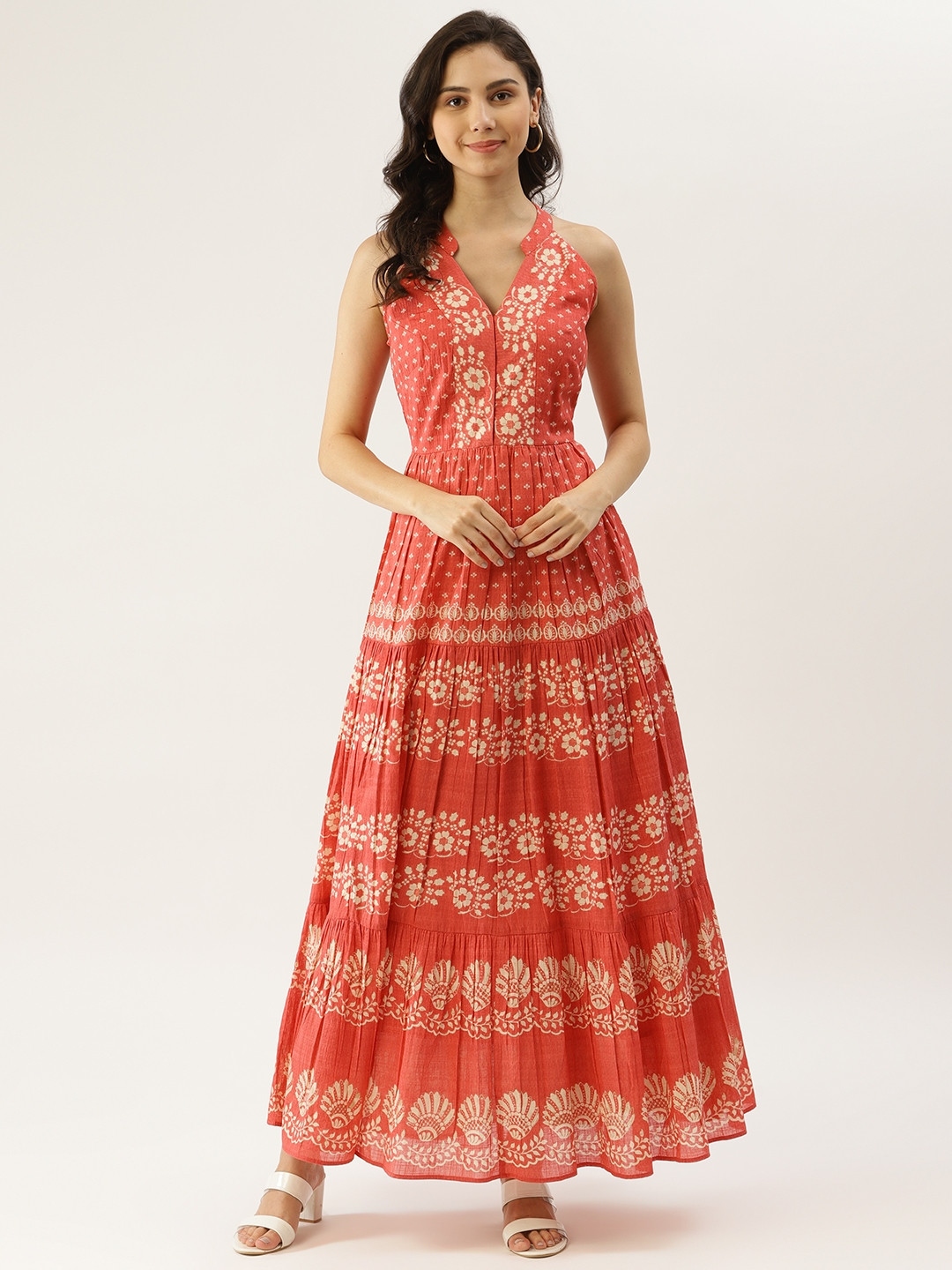 

Label Ritu Kumar Red & White Ethnic Motifs Cotton Maxi Dress