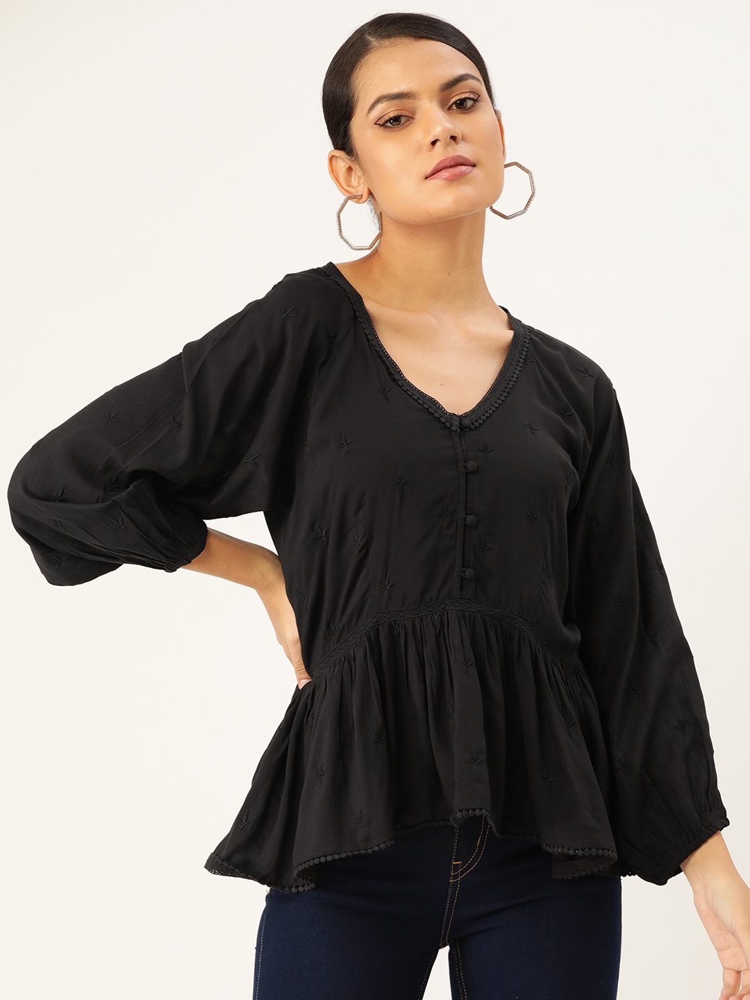 

Label Ritu Kumar Black Floral Embroidered Puff Sleeve Peplum Top