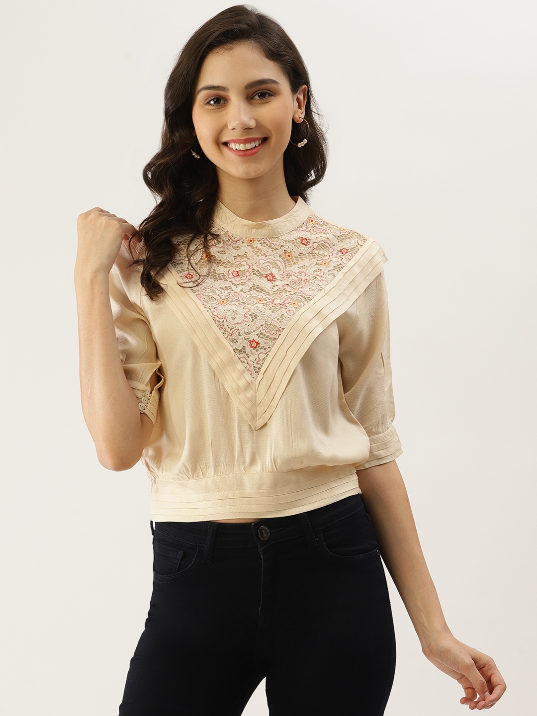 

Label Ritu Kumar Cream-Coloured Floral Lace Detail Blouson Top