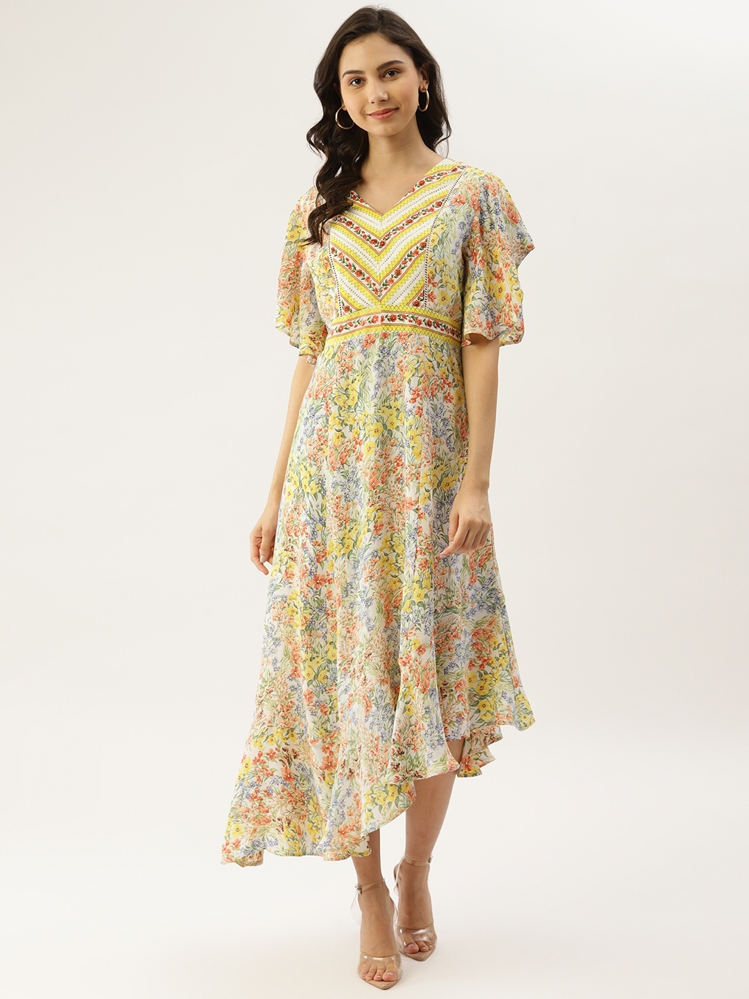 

Label Ritu Kumar White & Yellow Floral Asymmetric Crepe A-Line Midi Dress