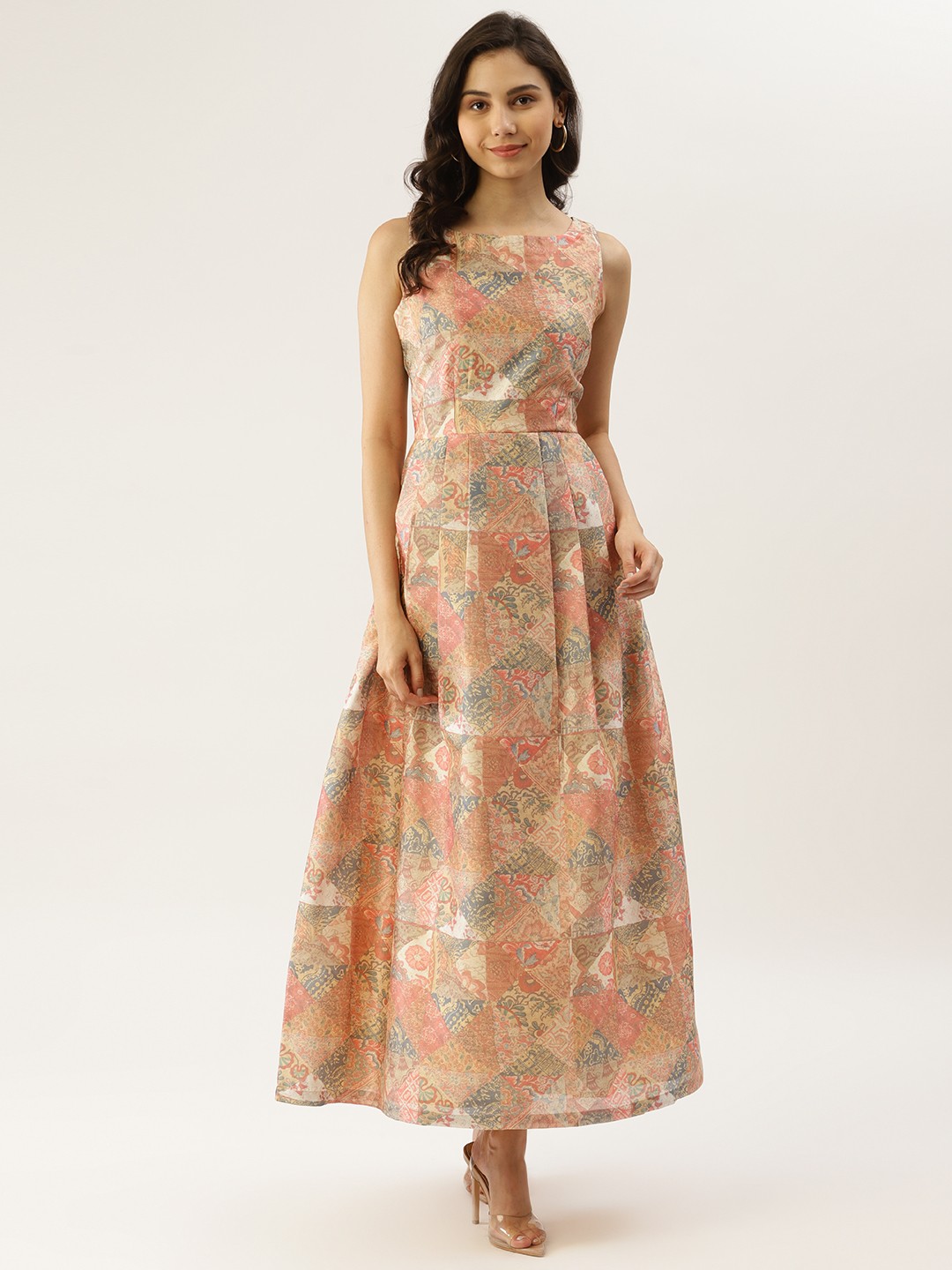 

Label Ritu Kumar Women Peach-Colored & Beige Floral Print Pure Cotton Maxi Dress