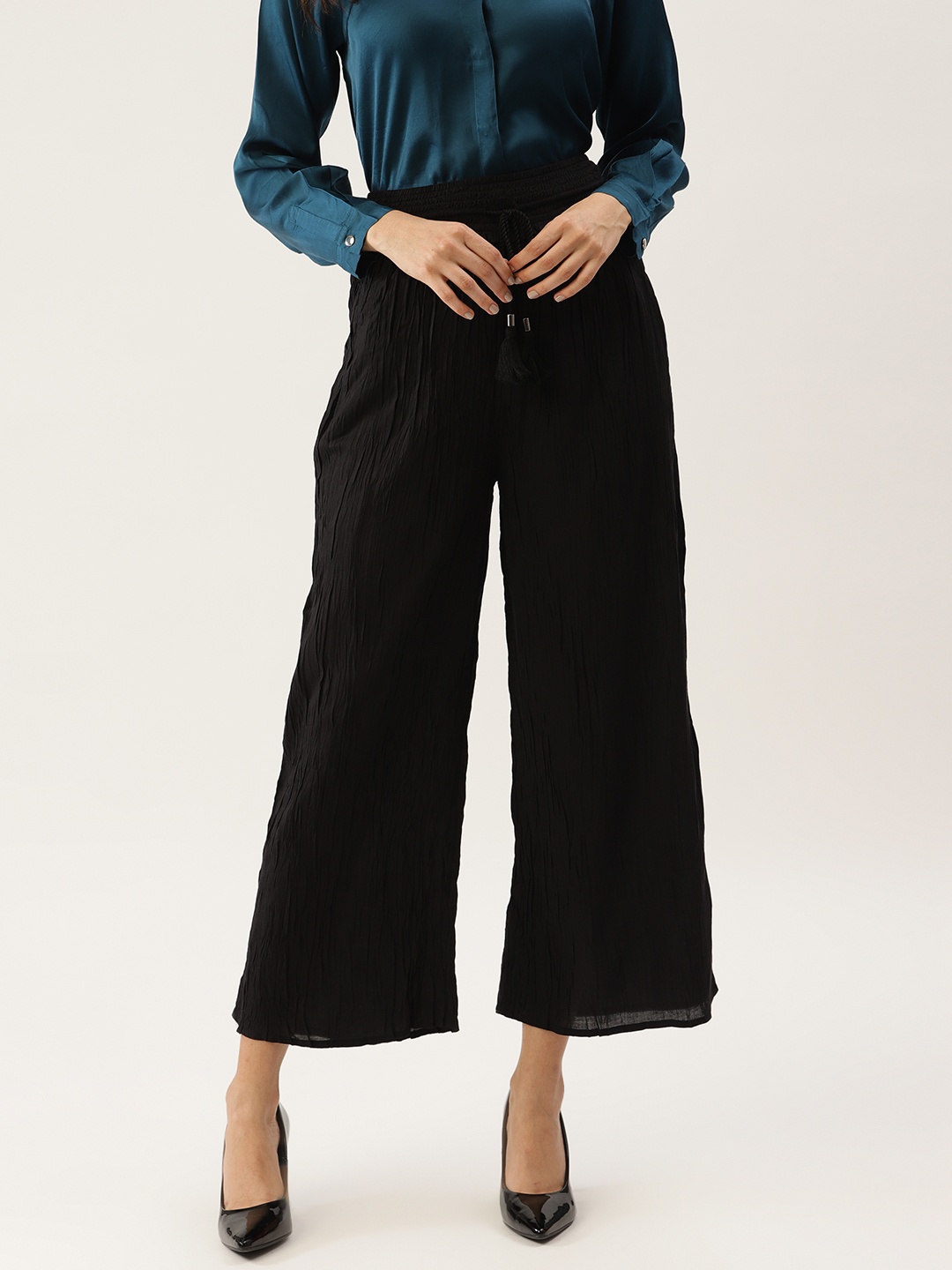 

Label Ritu Kumar Women Black Solid Parallel Crushed Trousers