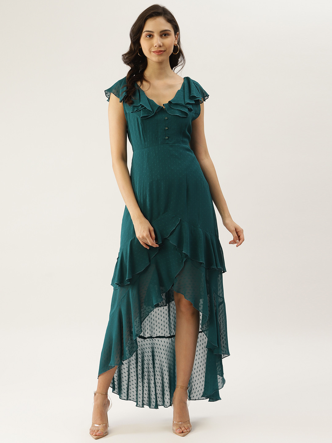 

Label Ritu Kumar Green Self Design Dobby Weave Georgette Maxi Dress