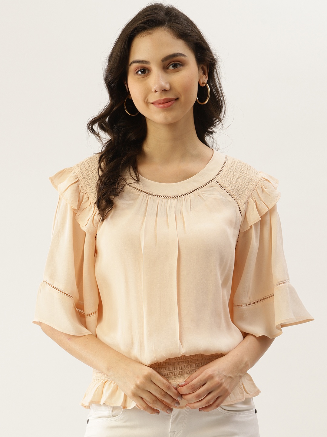 

Label Ritu Kumar Cream-Coloured Bell Sleeves Cinched Waist Top