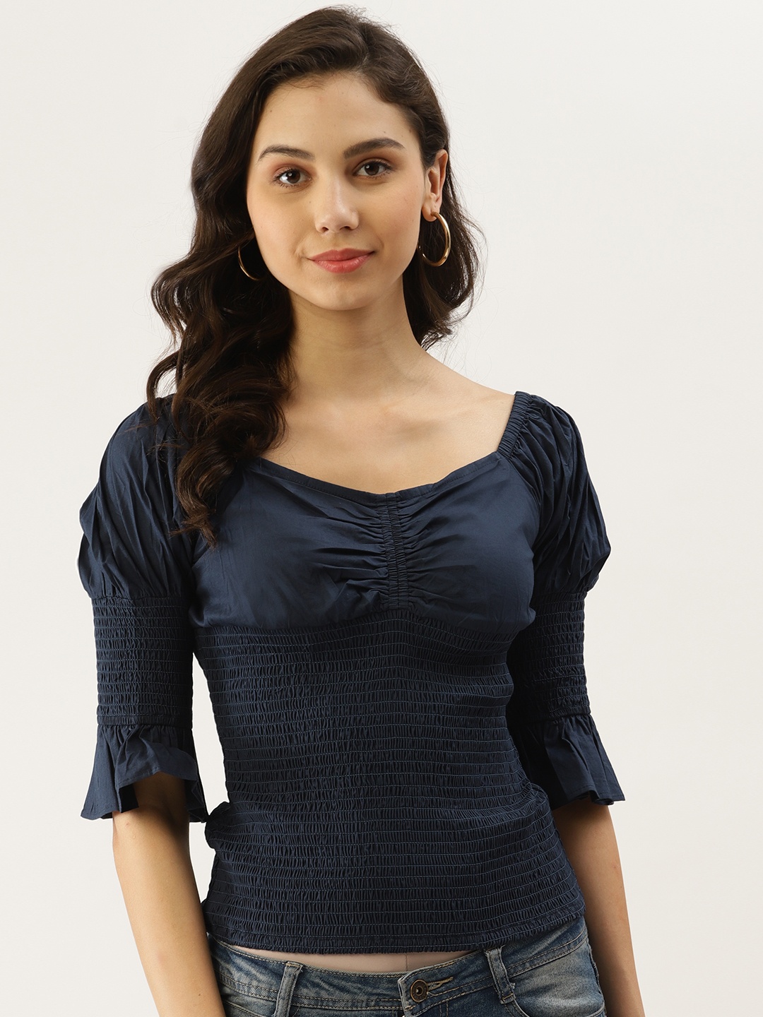 

Label Ritu Kumar Navy Blue Sweetheart Neck Puff Sleeve Smocked Empire Top