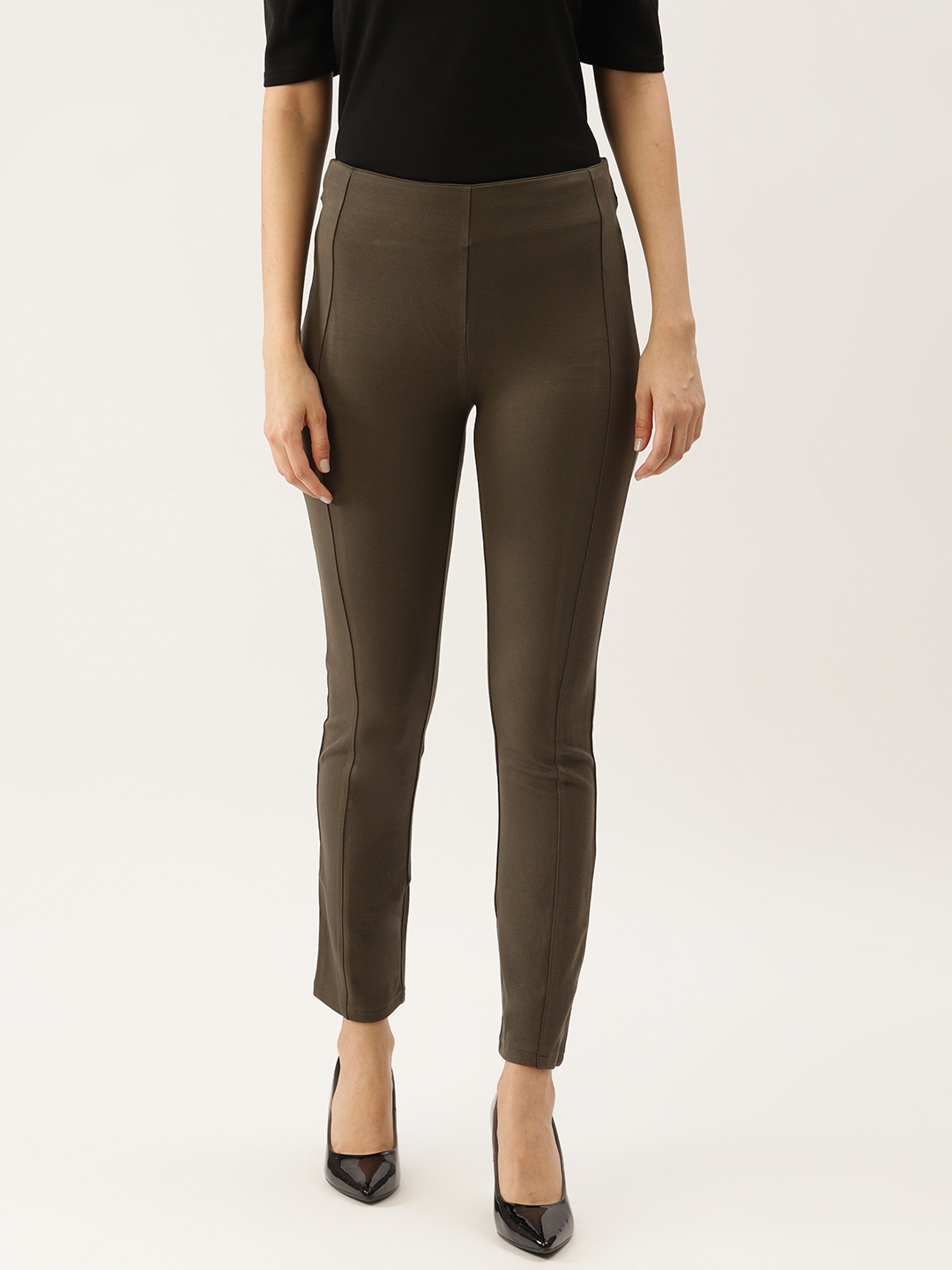 

Label Ritu Kumar Women Olive Green Solid Treggings