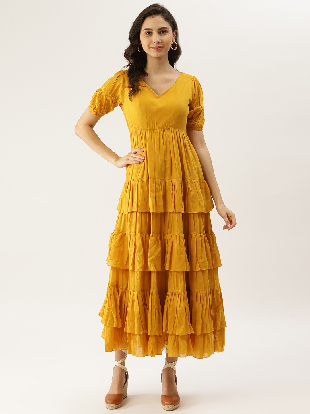 

Label Ritu Kumar Mustard Yellow Solid Cotton Layered Maxi Dress