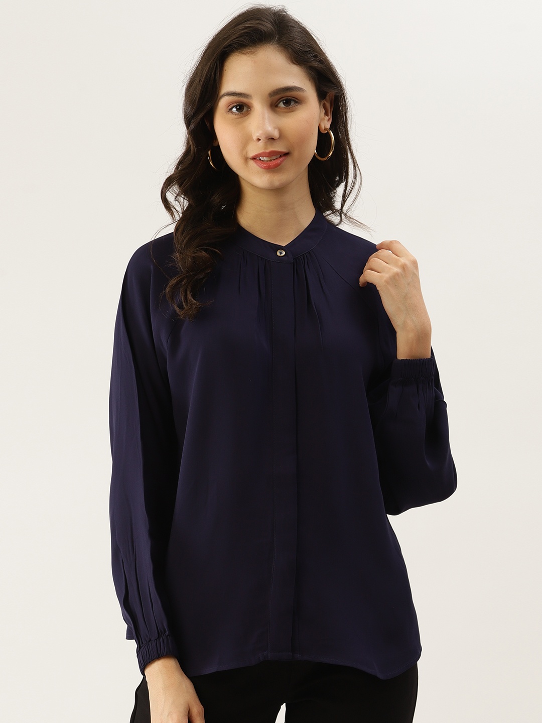 

Label Ritu Kumar Navy Blue Solid Mandarin Collar Shirt Style Top