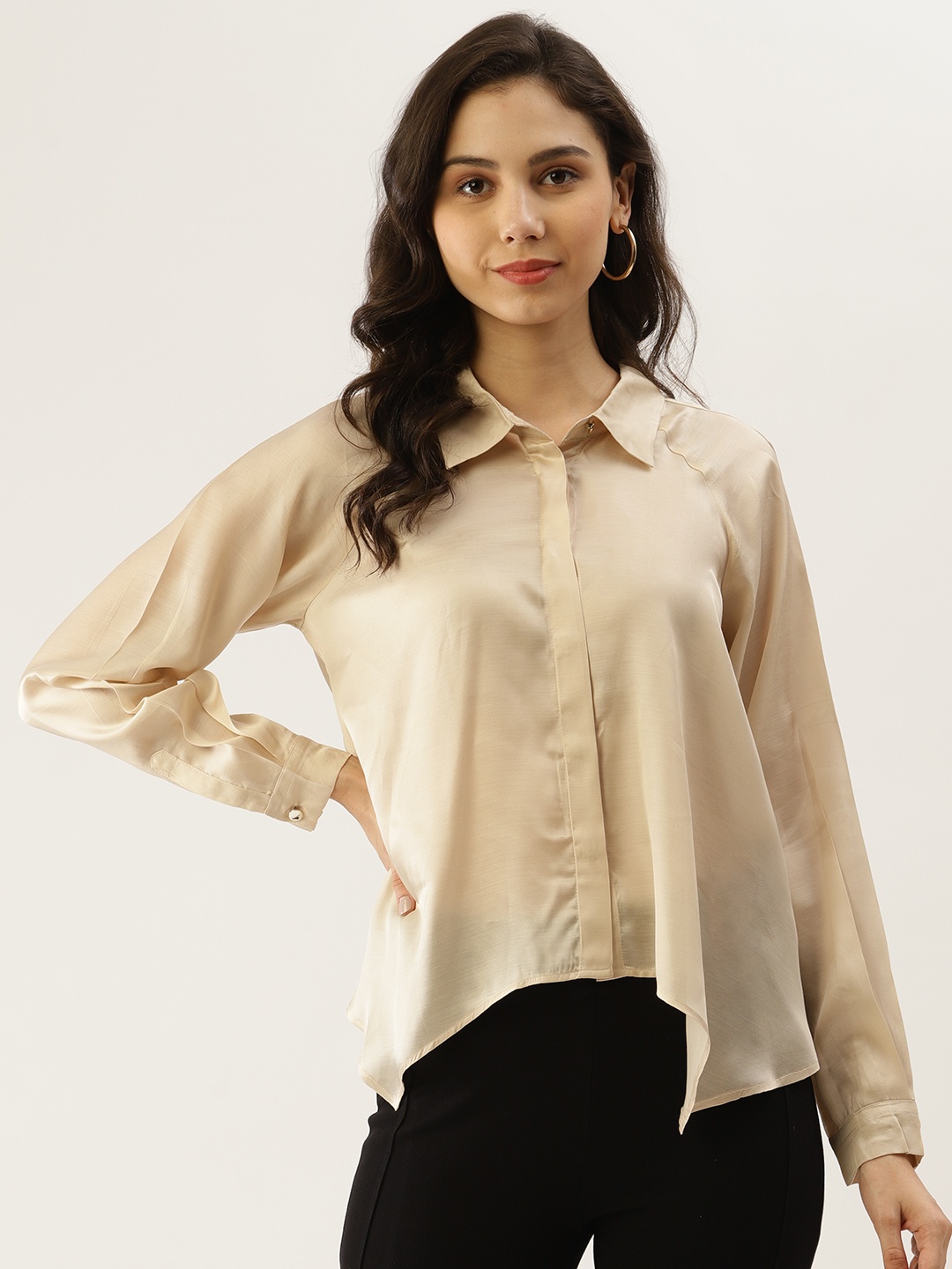 

Label Ritu Kumar Women Beige Solid Satin Finish Asymmetric Party Shirt