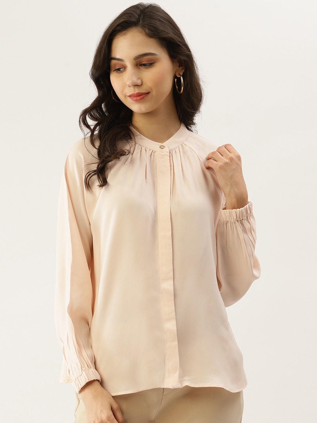 

Label Ritu Kumar Peach-Coloured Mandarin Collar Shirt Style Top