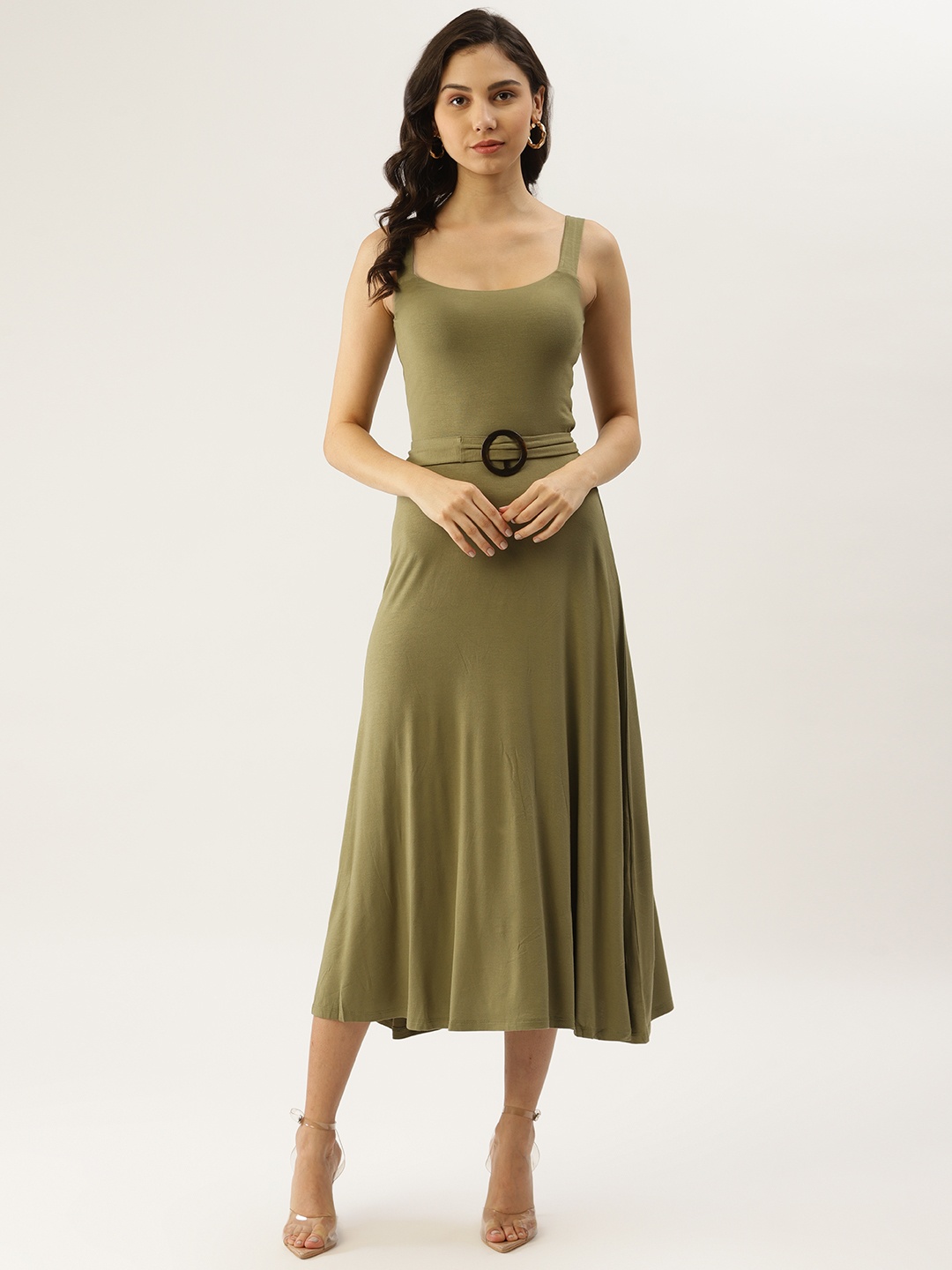 

Label Ritu Kumar Women Olive Green Solid A-Line Midi Dress and Belt