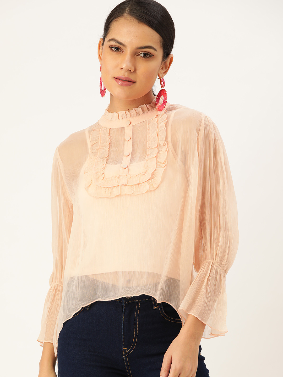 

Label Ritu Kumar Peach Bell Sleeve Ruffles Victorian Chiffon Regular Top with Inner