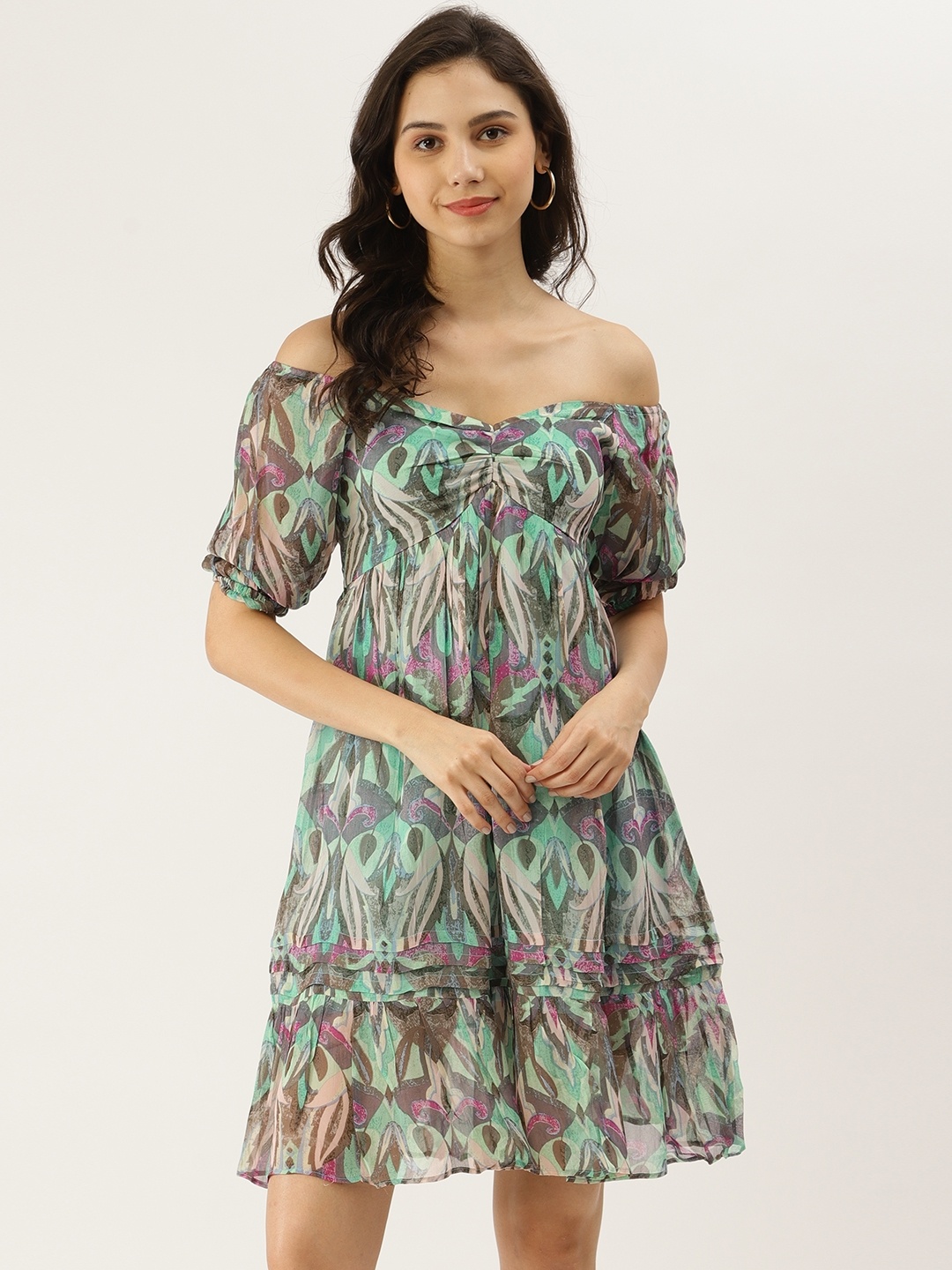 

Label Ritu Kumar Women Green & Blue Floral Off-Shoulder A-Line Dress