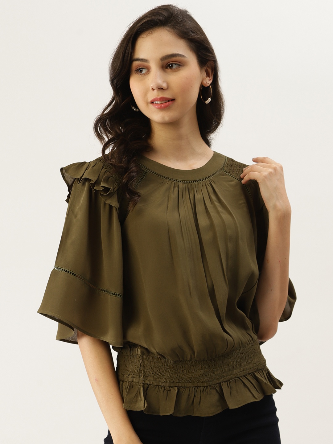 

Label Ritu Kumar Olive Brown Solid Ruffles Crepe Blouson Top