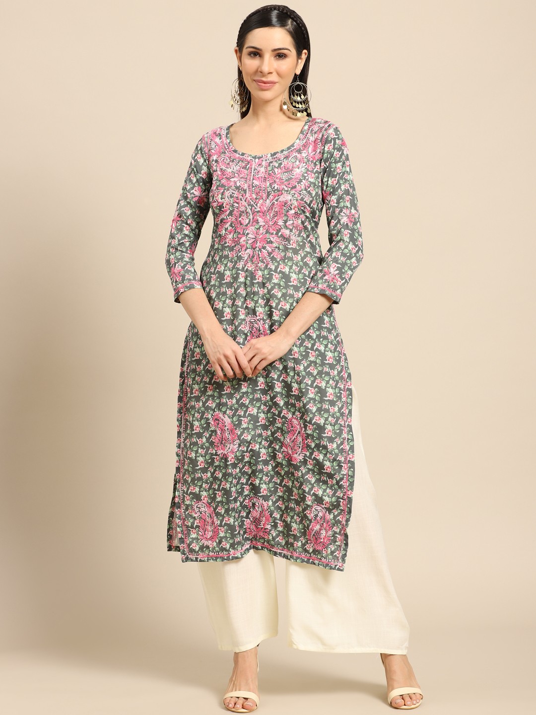 

Saadgi Women Grey & Pink Ethnic Motifs Chikankari Embroidered Handloom Kurta