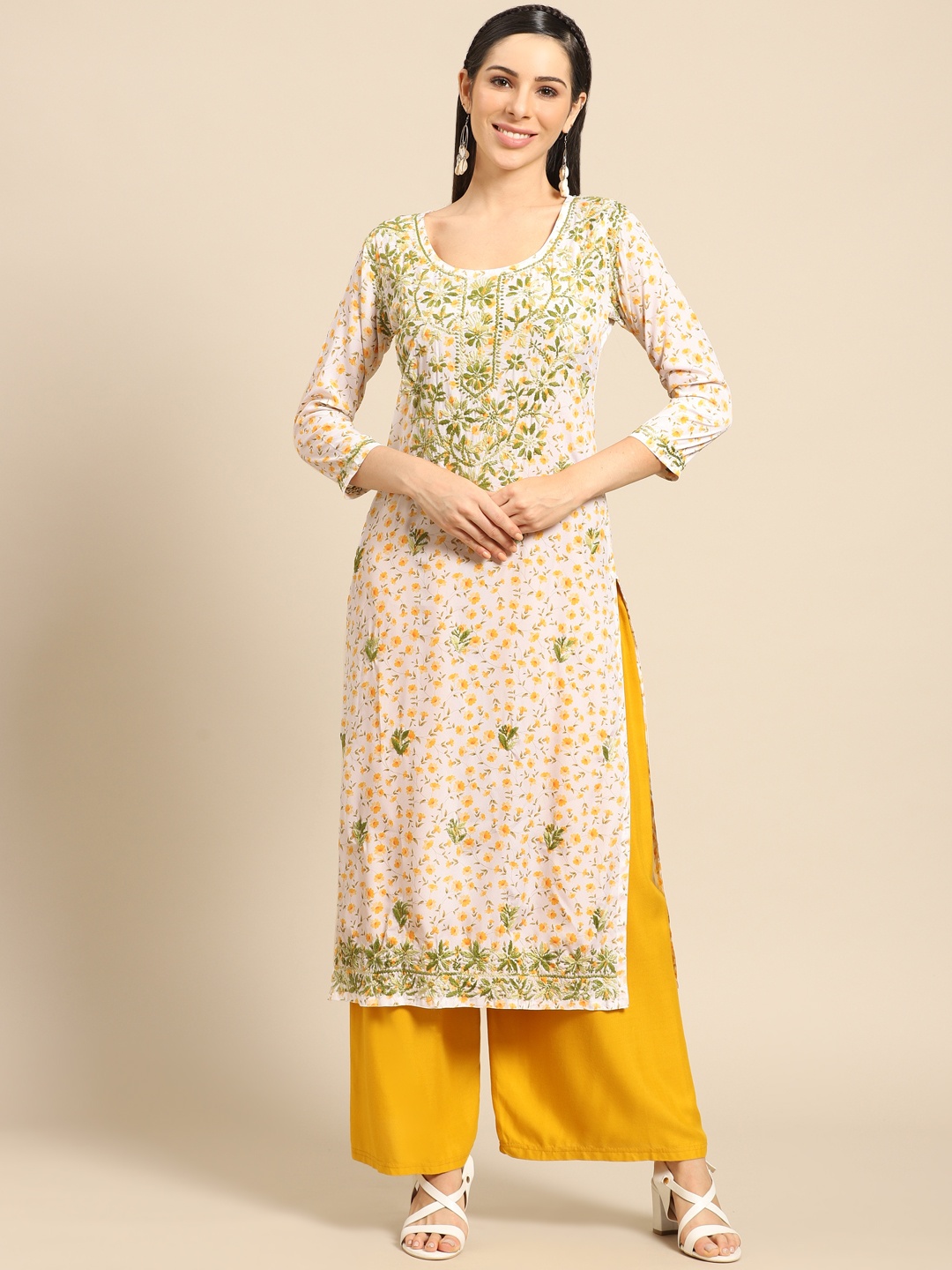 

Saadgi Women Off-White & Olive Green Ethnic Motifs Chikankari Embroidered Handloom Kurta