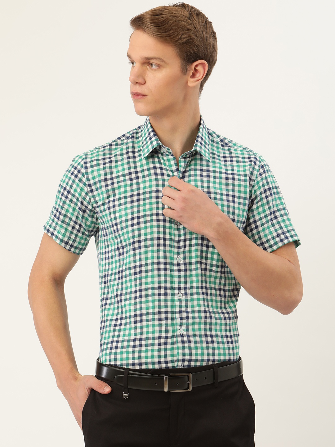

Hancock Men Green & Navy Blue Slim Fit Pure Cotton Checked Formal Shirt