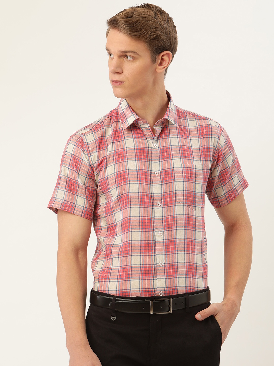 

Hancock Men Red Slim Fit Tartan Checks Cotton Checked Formal Shirt