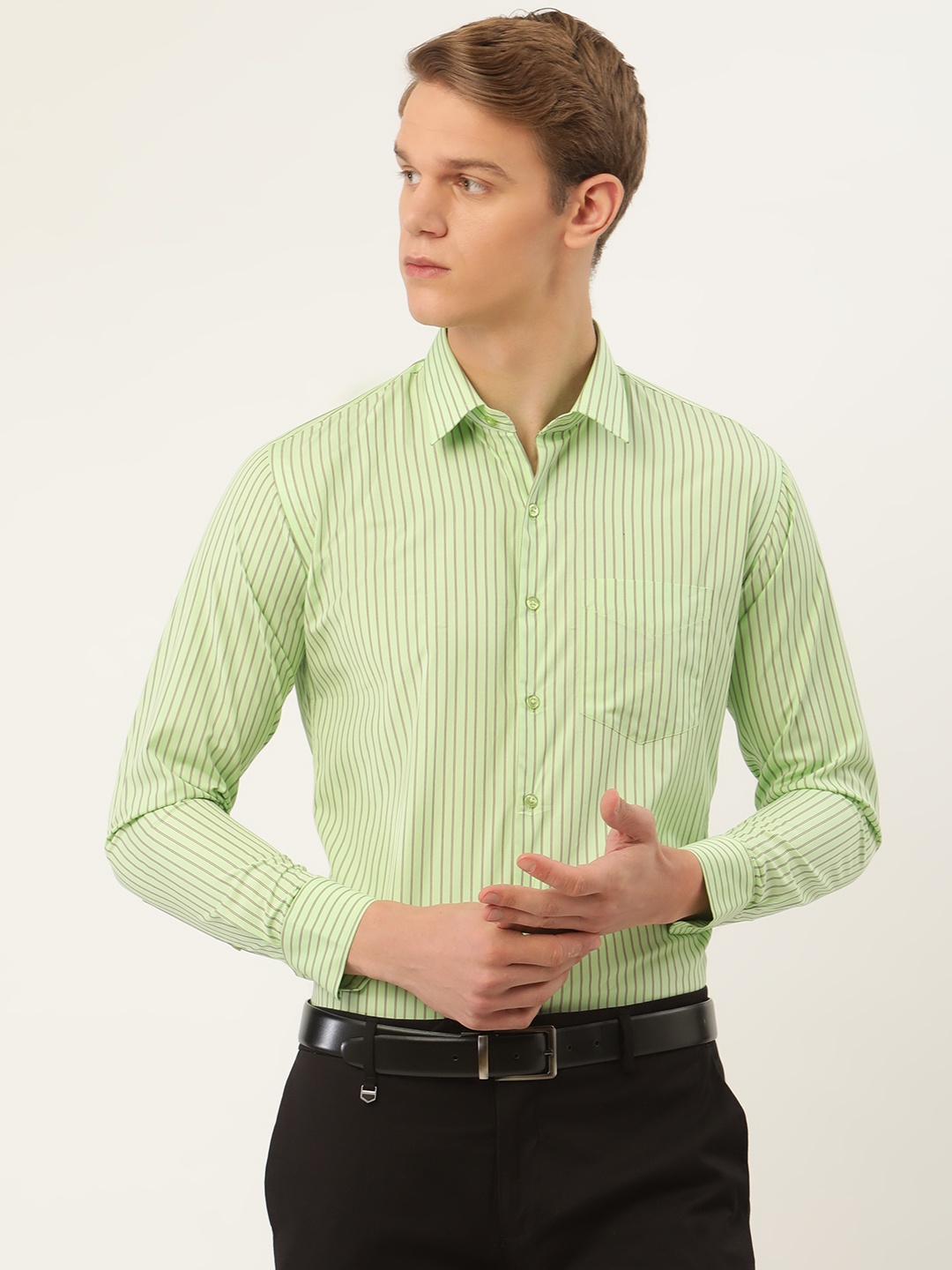 

Hancock Men Green Slim Fit Pure Cotton Pocket Striped Formal Shirt