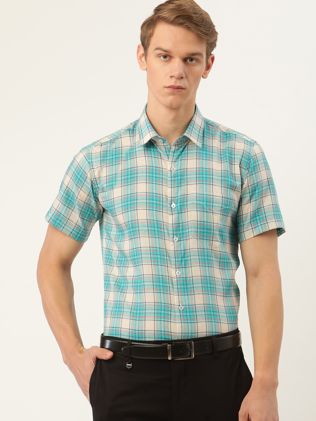 

Hancock Men Blue & Beige Slim Fit Pure Cotton Tartan Checks Formal Shirt