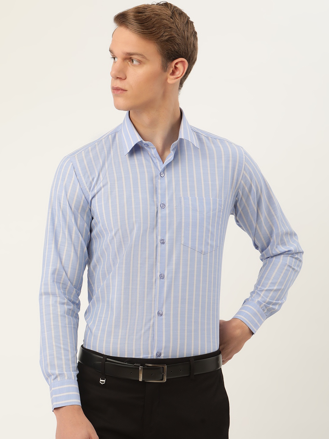 

Hancock Men Blue Slim Fit Cotton Striped Formal Shirt