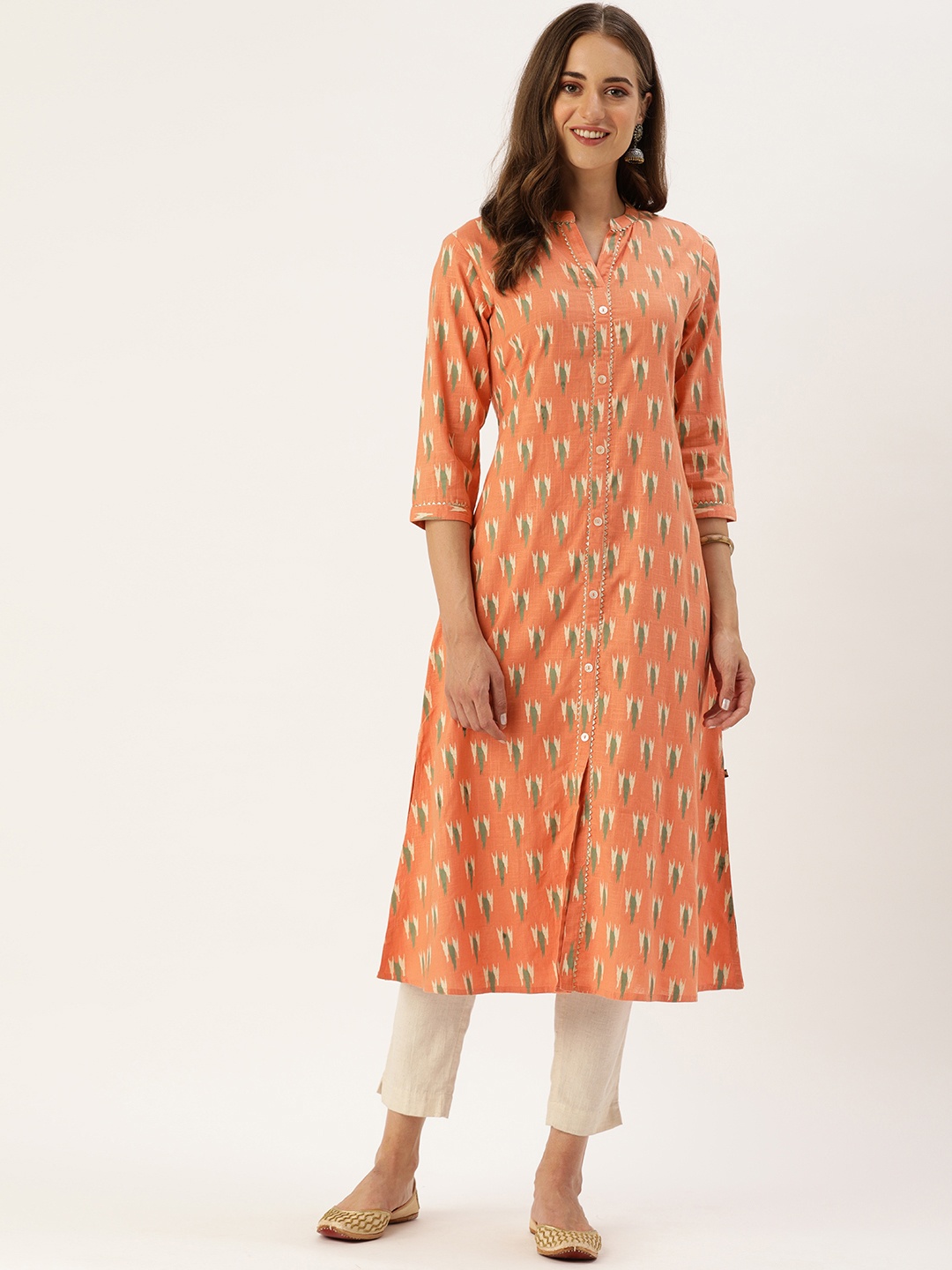 

KSUT Women Orange & Off White Printed Kurta