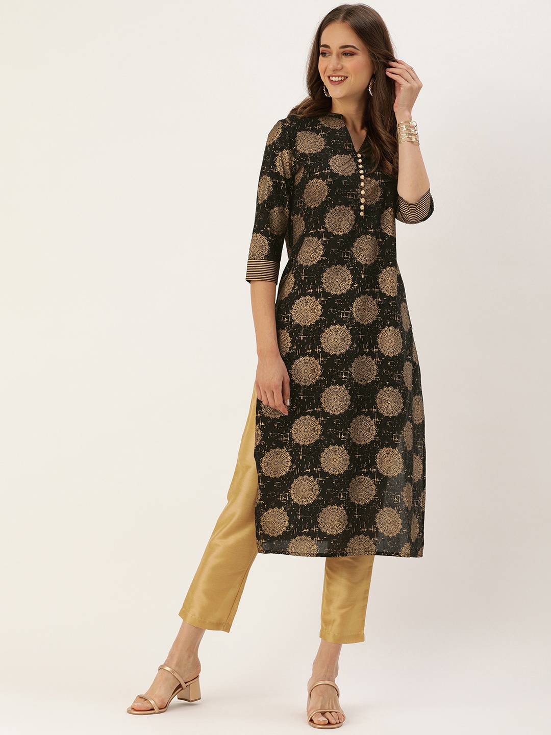 

Varanga Women Black & Gold-Toned Ethnic Motifs Printed Kurta