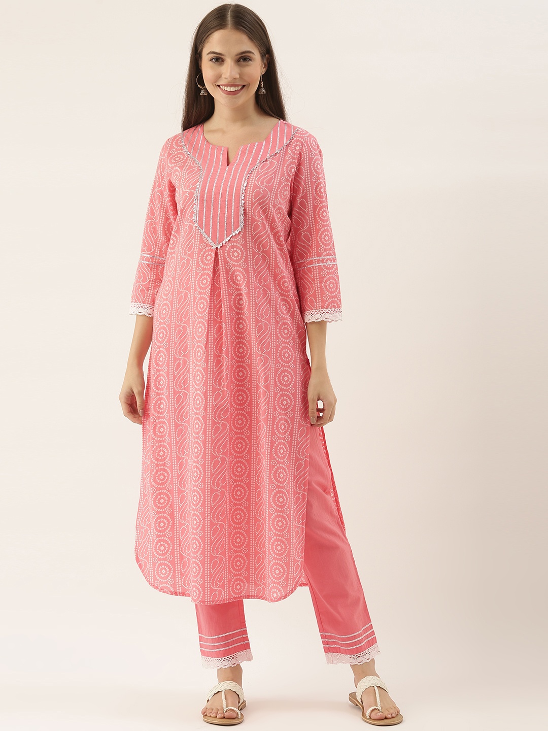 

Varanga Women Peach Bandhani Printed Gotta Patti Pure Cotton Kurta with Trousers