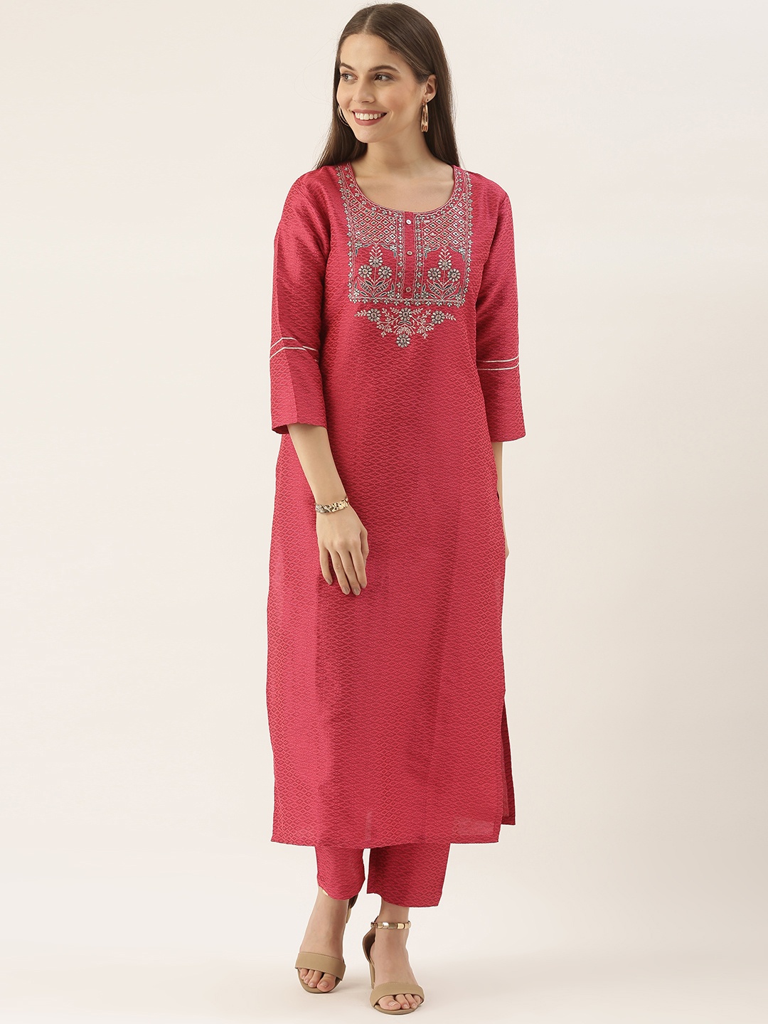 

Varanga Women Pink Floral Embroidered Sequinned Kurta with Trousers