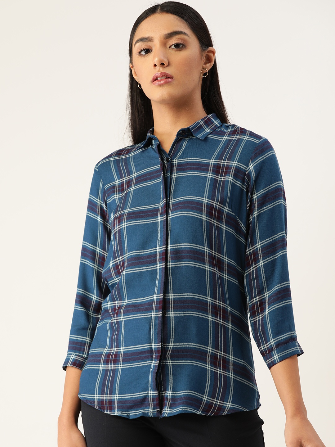 

Hancock Women Teal Slim Fit Tartan Checks Checked Formal Shirt