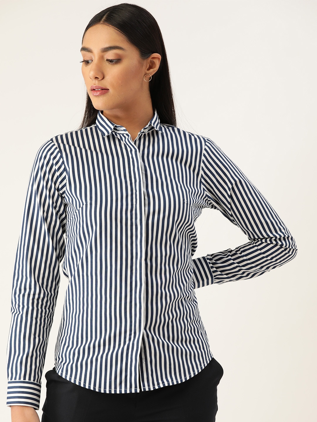 

Hancock Women White & Navy Blue Slim Fit Striped Cotton Formal Shirt