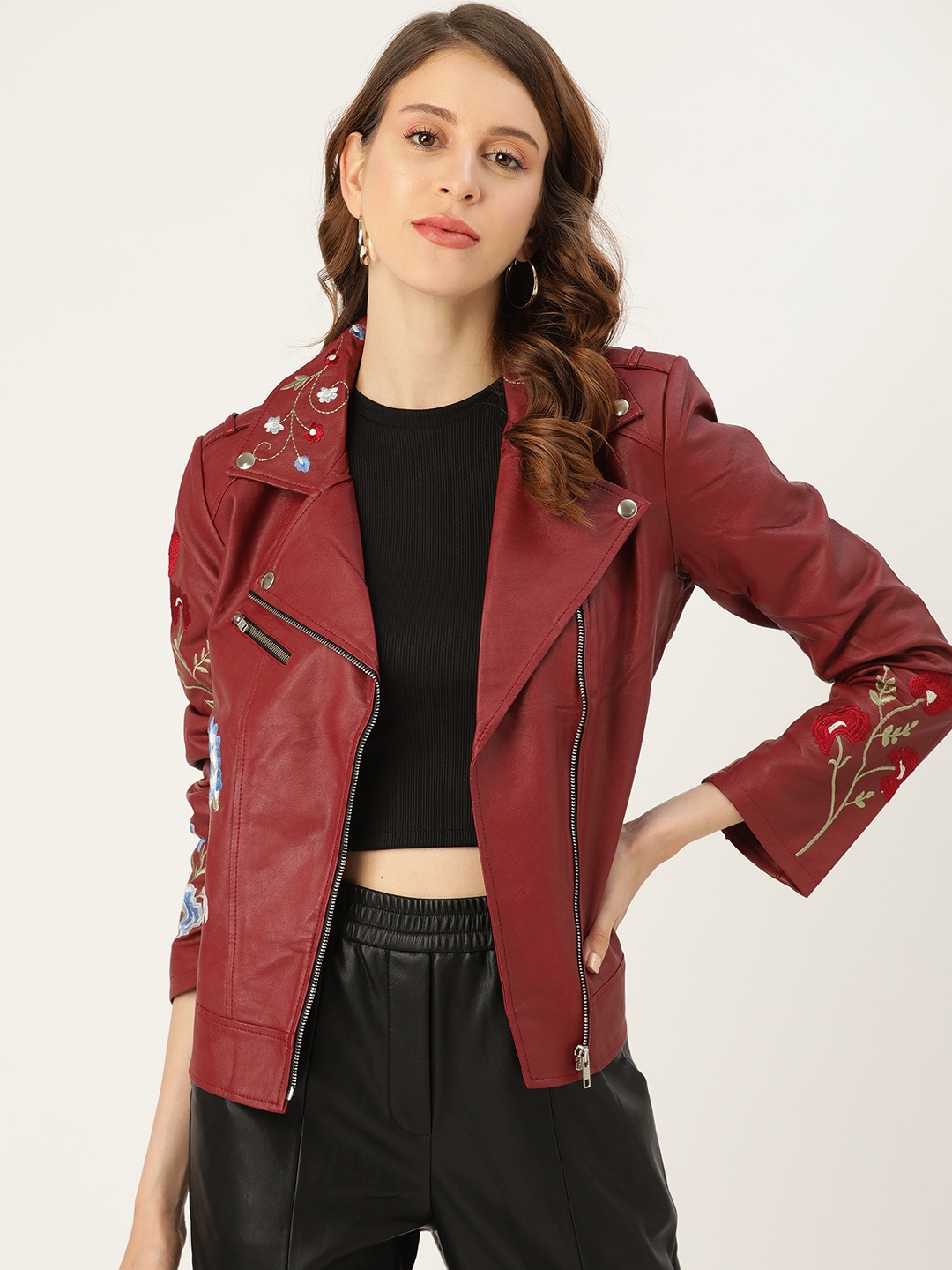 

Leather Retail Women Maroon Floral Embroidered Asymmetric Closure Leather Jacket