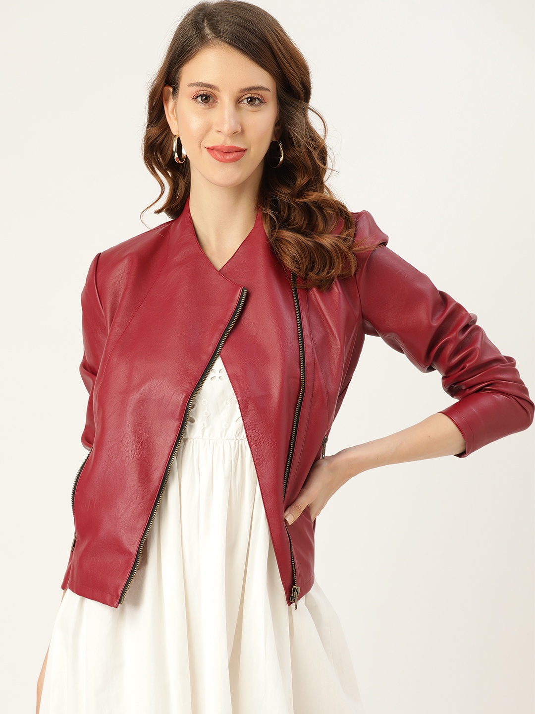 

Leather Retail Women Maroon Solid Biker Jacket