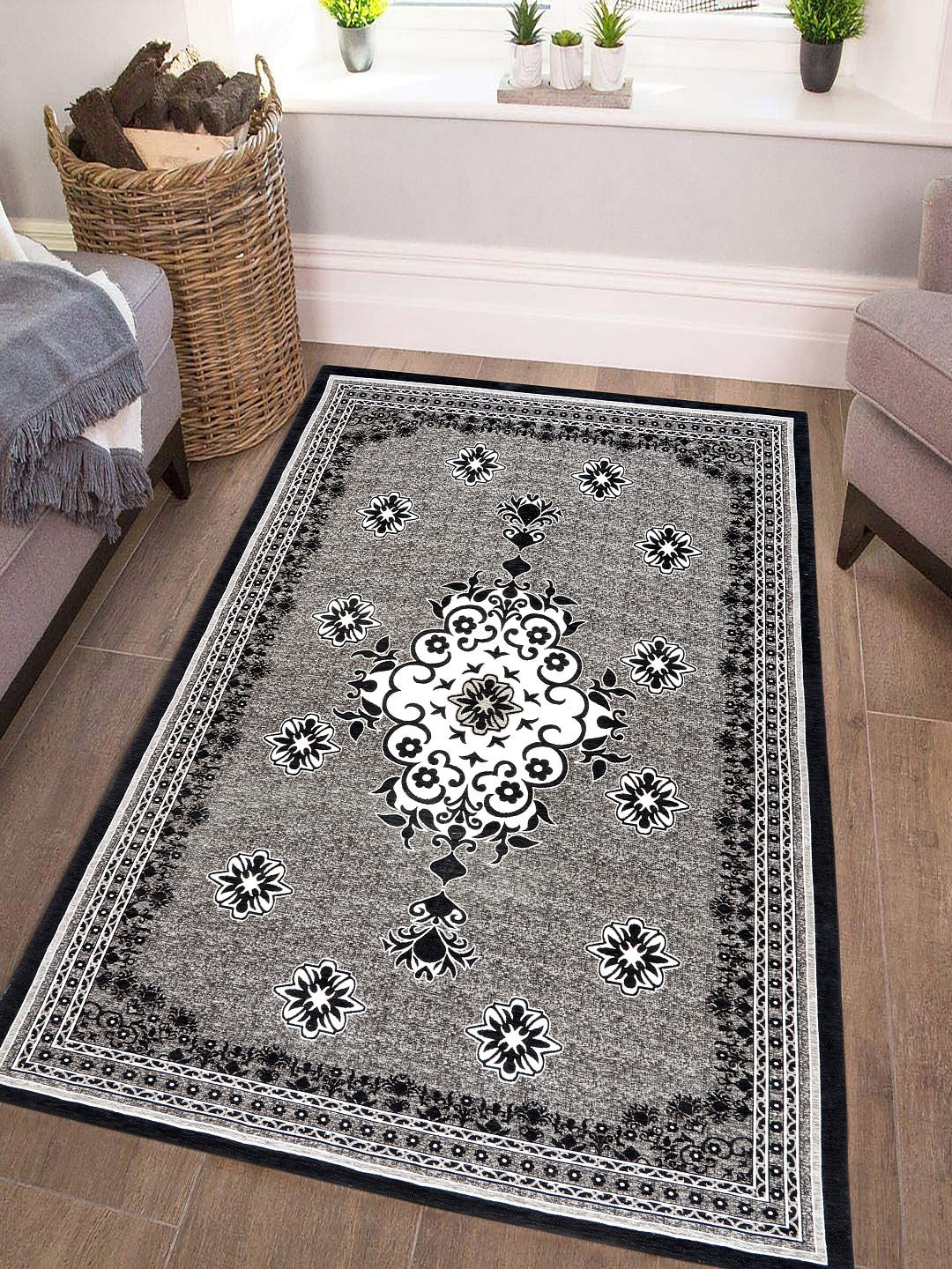 

BELLA TRUE Grey & Black Ethnic Motif Printed Anti-Skid Carpet