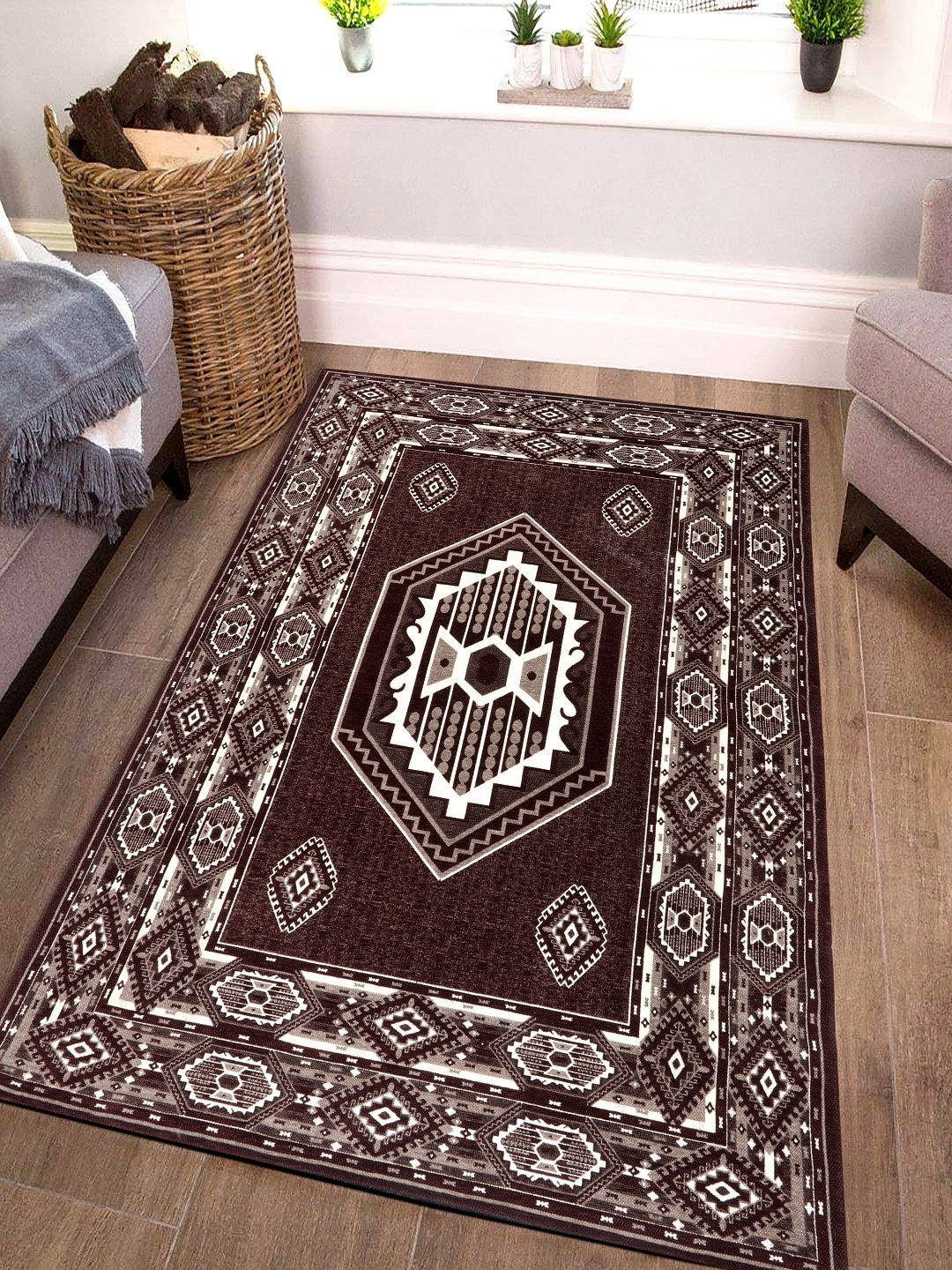 

BELLA TRUE Brown & Off White Ethnic Motifs Anti-Skid Floor Carpet